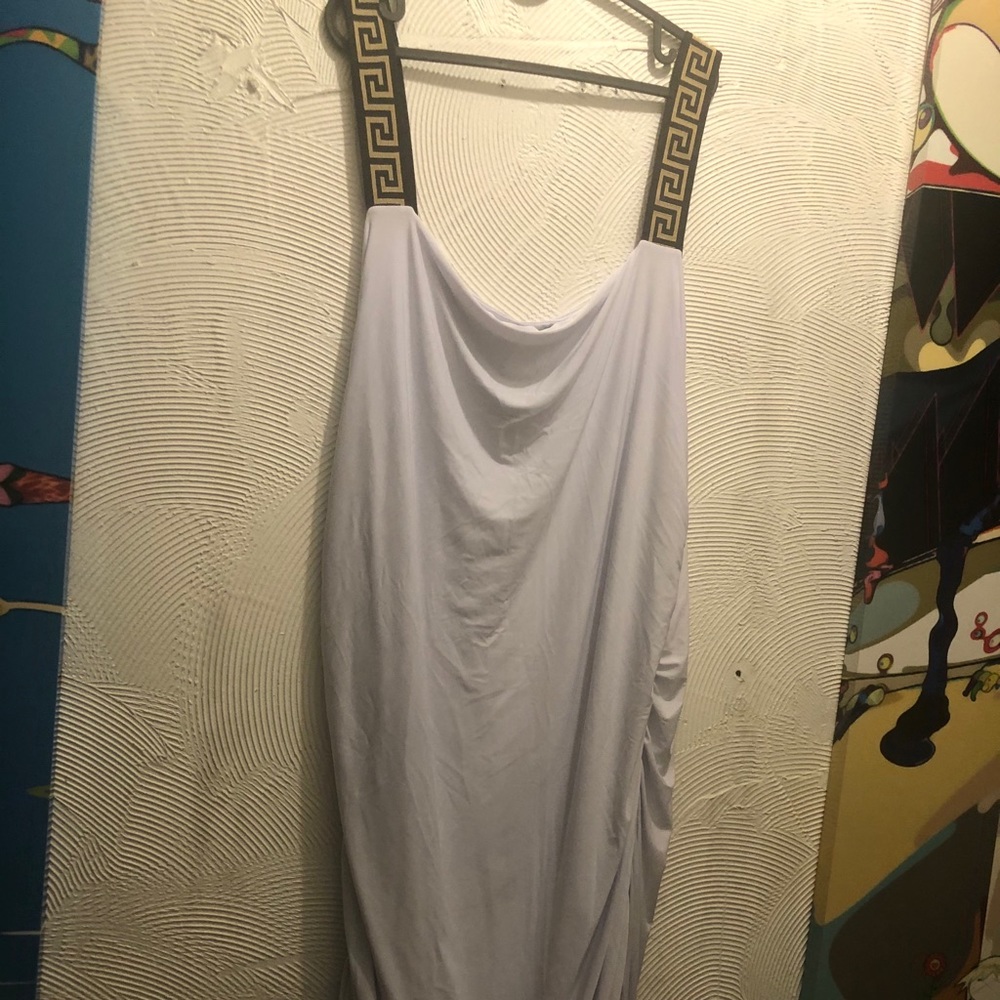 Goddess ruched dress with Versace inspired straps.